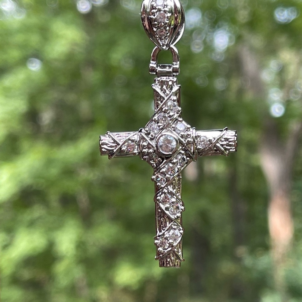 Large Ornate Solid Sterling Silver and CZ Cross Pendant
